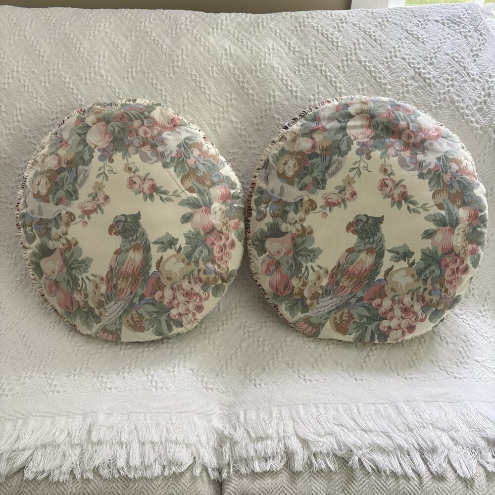 Vintage Round Floral Bird Pastel Tropical Cottagecore Ruched Edge Throw Pillows